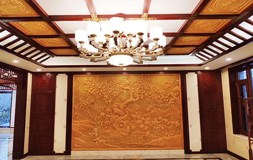 阜平中式别墅客厅中式木作横梁吊顶装饰展示